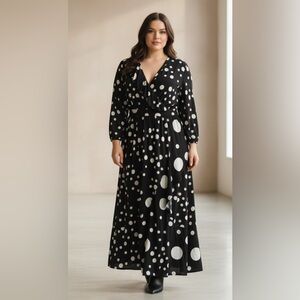 Plus-Size Black & White Polka Dot Wrap Maxi Dress